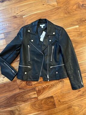 Topshop Black Faux Leather Moto Jacket with Zipper Details, Sz 6, NWT